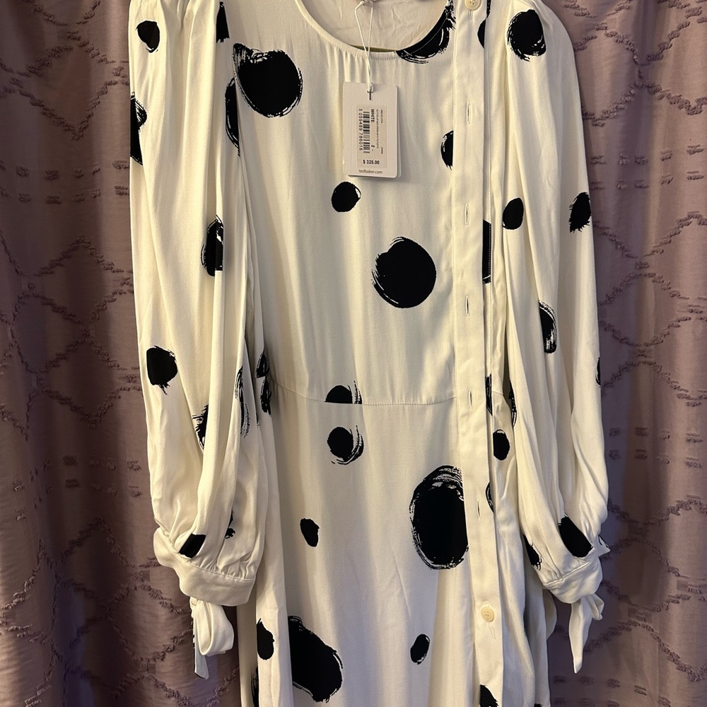 SOLD!     Ted Baker White and Black Polka Dot Long Sleeve Dress